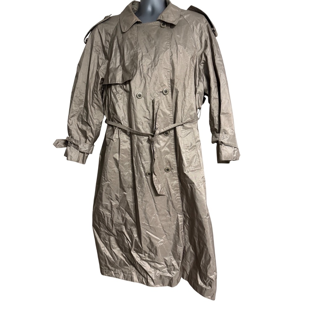 British Mist Women Metallic Bronze Double Breasted Belted Trench Coat Lined Sz L